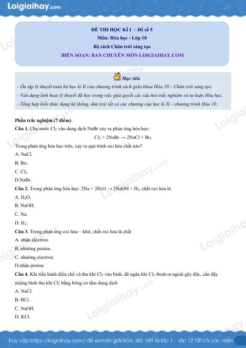 Đề thi học kì 2 Hóa 10 Chân trời sáng tạo - Đề 5